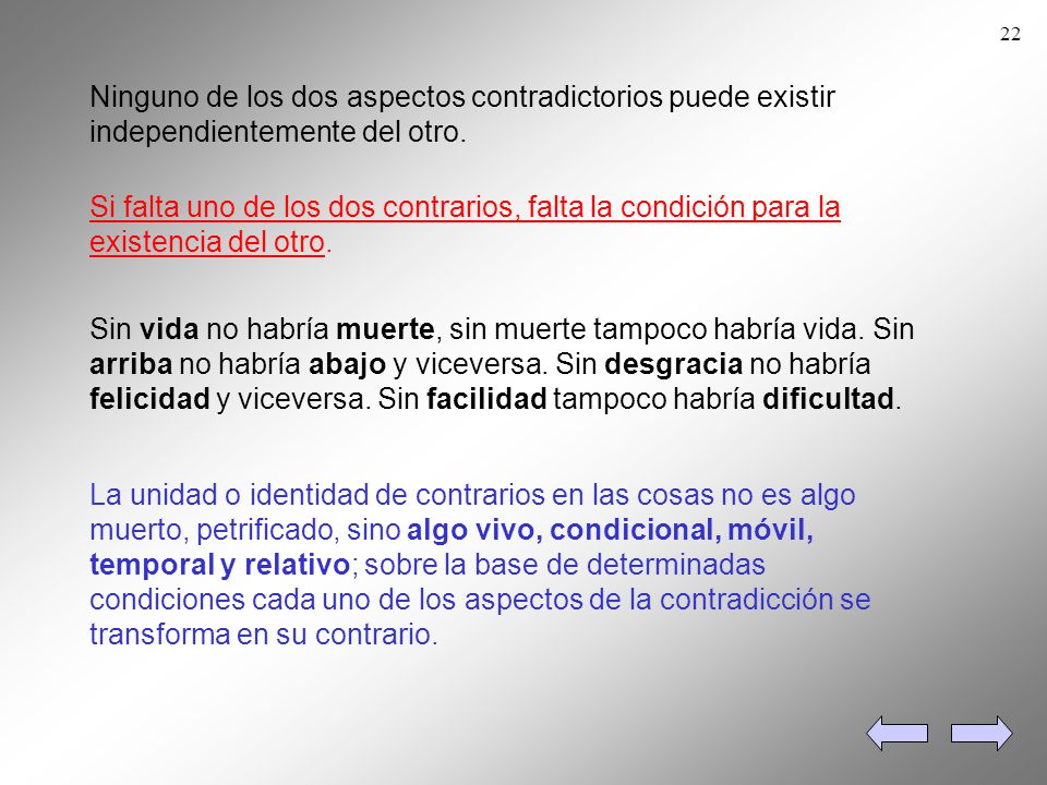 Ninguno de los dos aspectos contradictorios puede existir independientemente del otro.