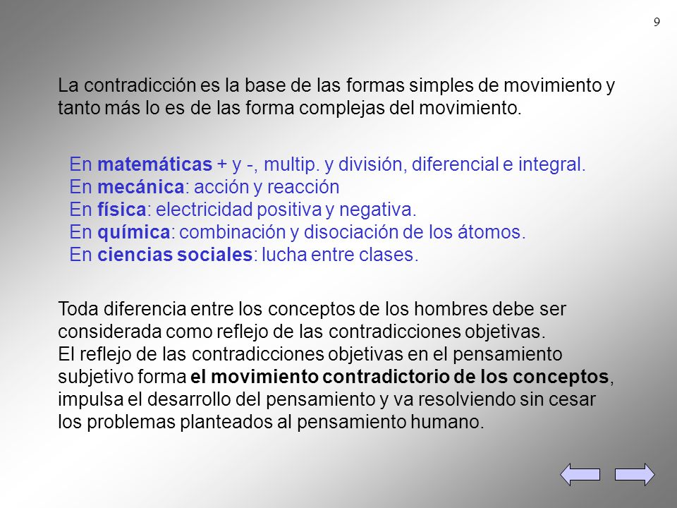La contradicción es la base de las formas simples de movimiento y tanto más lo es de las forma complejas del movimiento.