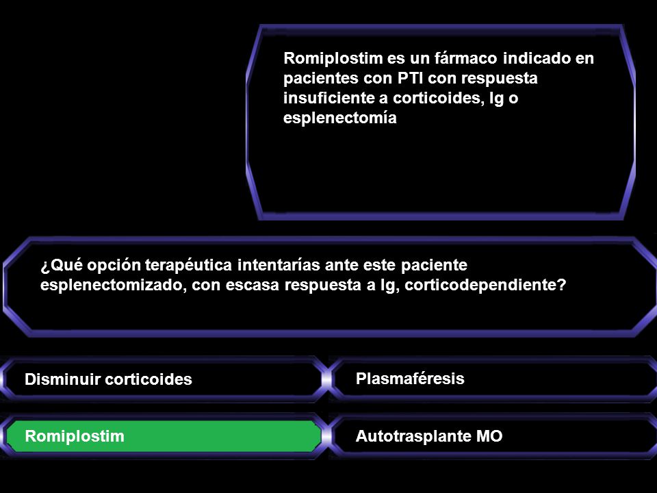 Romiplostim es un fármaco indicado en pacientes con PTI con respuesta insuficiente a corticoides, Ig o esplenectomía