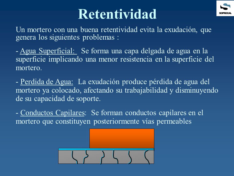 Retentividad Un mortero con una buena retentividad evita la exudación, que genera los siguientes problemas :
