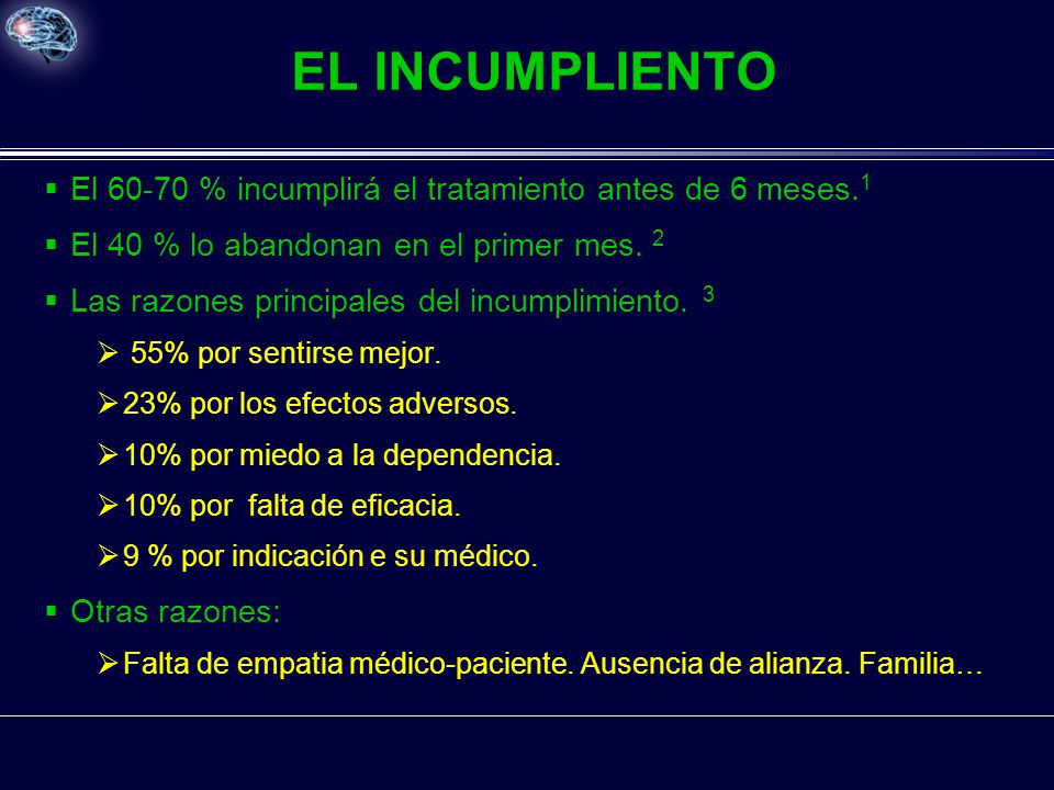EL INCUMPLIENTO El % incumplirá el tratamiento antes de 6 meses.1. El 40 % lo abandonan en el primer mes. 2.