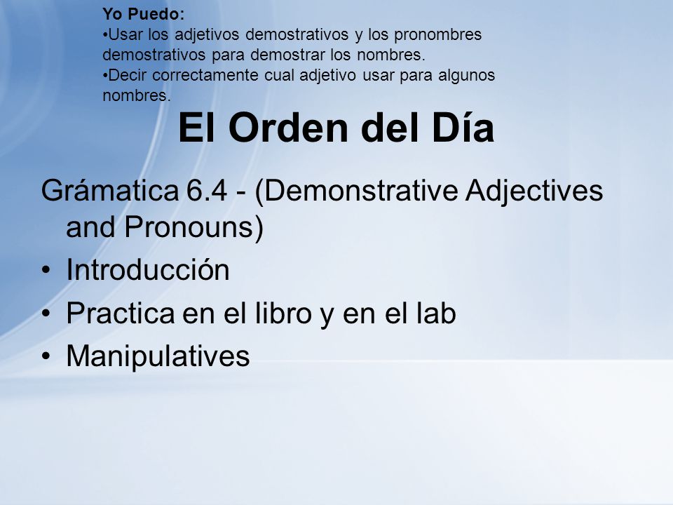 Yo Puedo: Usar los adjetivos demostrativos y los pronombres demostrativos para demostrar los nombres.