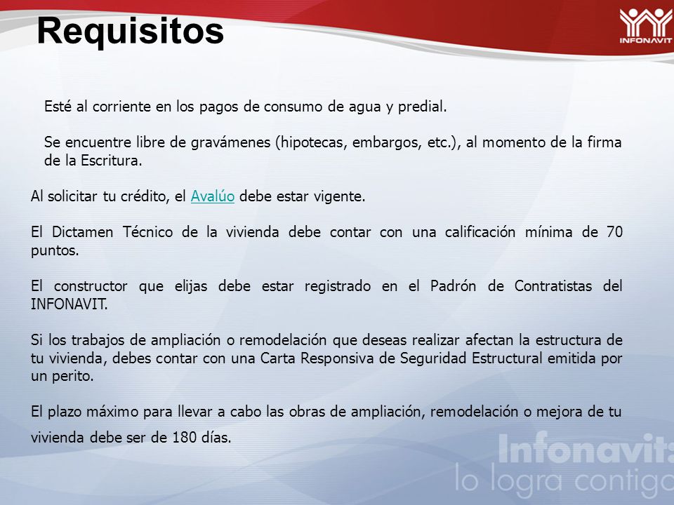 Requisitos Esté al corriente en los pagos de consumo de agua y predial.