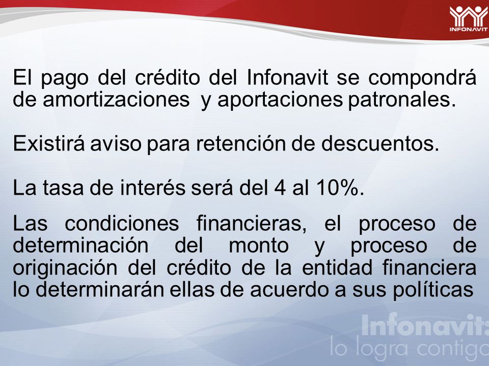 El pago del crédito del Infonavit se compondrá de amortizaciones y aportaciones patronales.