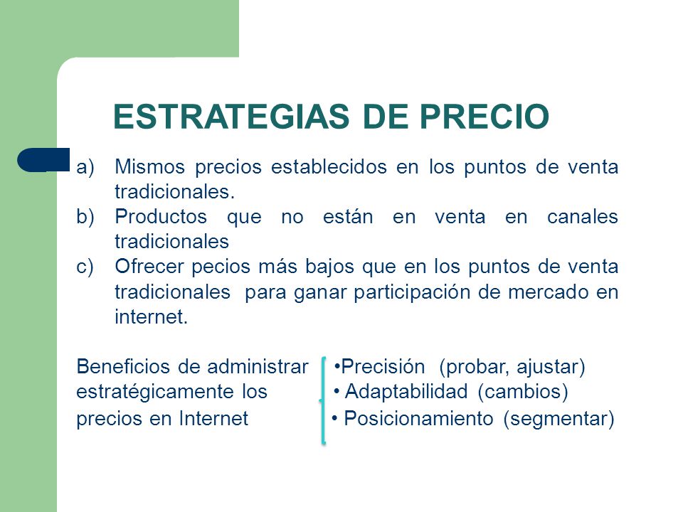 ESTRATEGIAS DE PRECIO Mismos precios establecidos en los puntos de venta tradicionales. Productos que no están en venta en canales tradicionales.