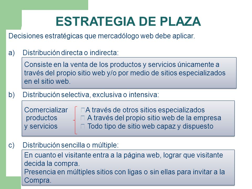 ESTRATEGIA DE PLAZA Decisiones estratégicas que mercadólogo web debe aplicar. a) Distribución directa o indirecta: