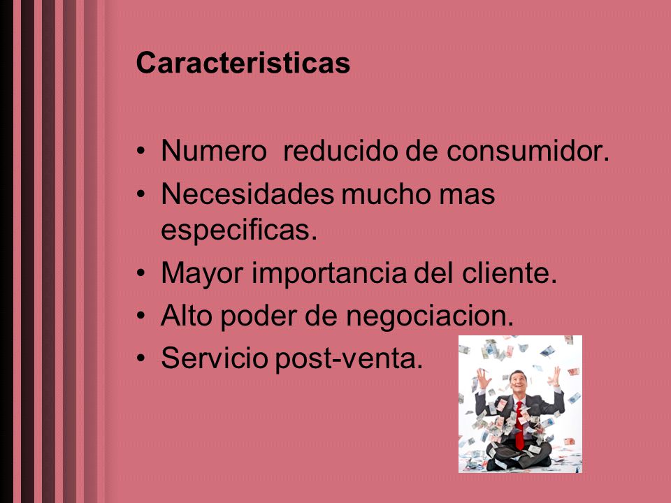 Caracteristicas Numero reducido de consumidor. Necesidades mucho mas especificas. Mayor importancia del cliente.