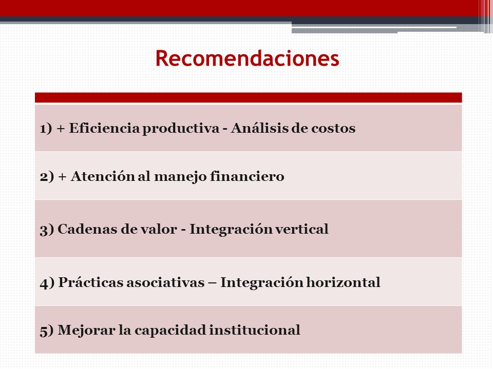 Recomendaciones 1) + Eficiencia productiva - Análisis de costos