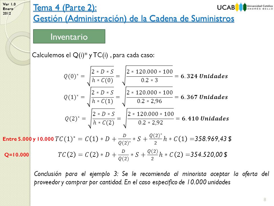 Inventario Calculemos el Q(i)* y TC(i) , para cada caso: