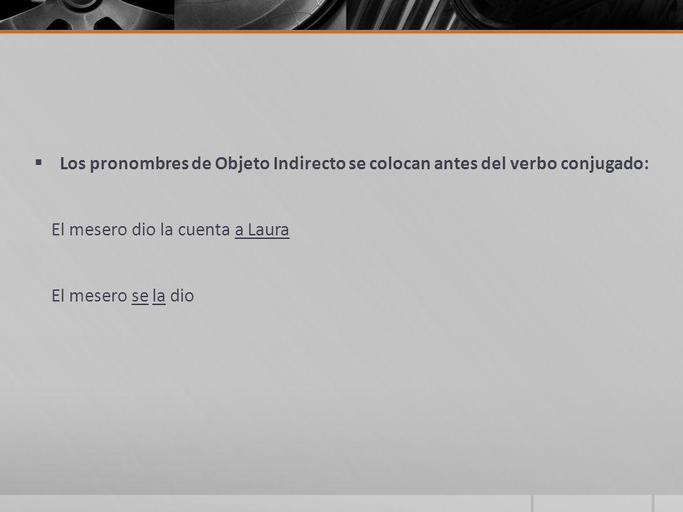 Los pronombres de Objeto Indirecto se colocan antes del verbo conjugado: