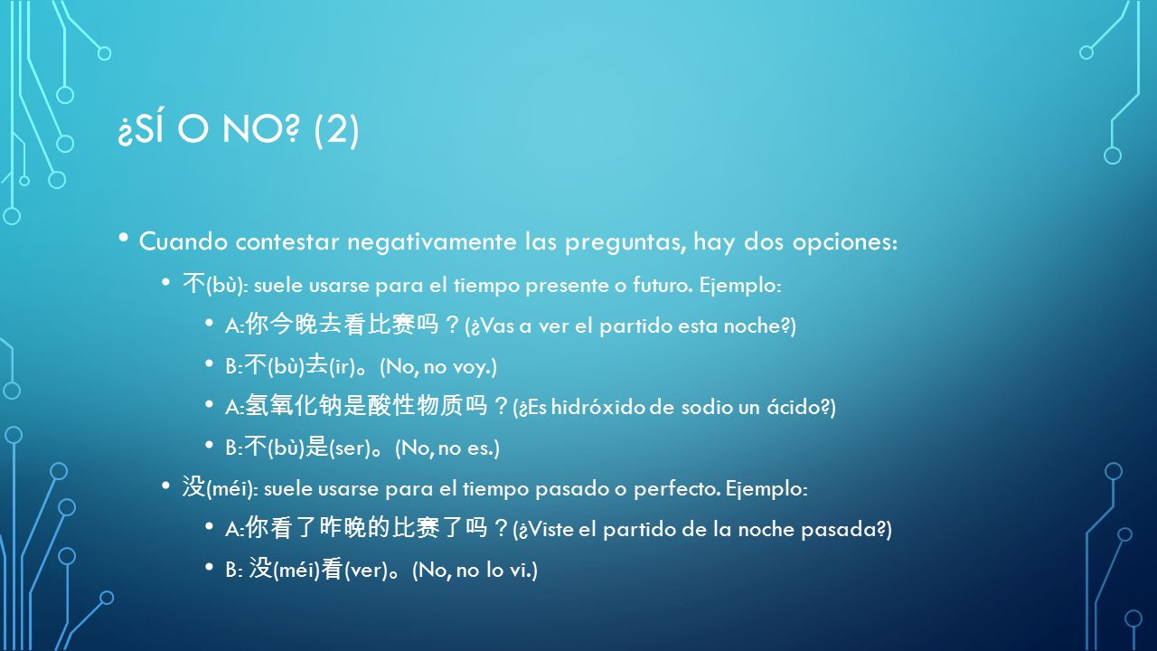 ¿Sí o no (2) Cuando contestar negativamente las preguntas, hay dos opciones: 不(bù): suele usarse para el tiempo presente o futuro. Ejemplo: