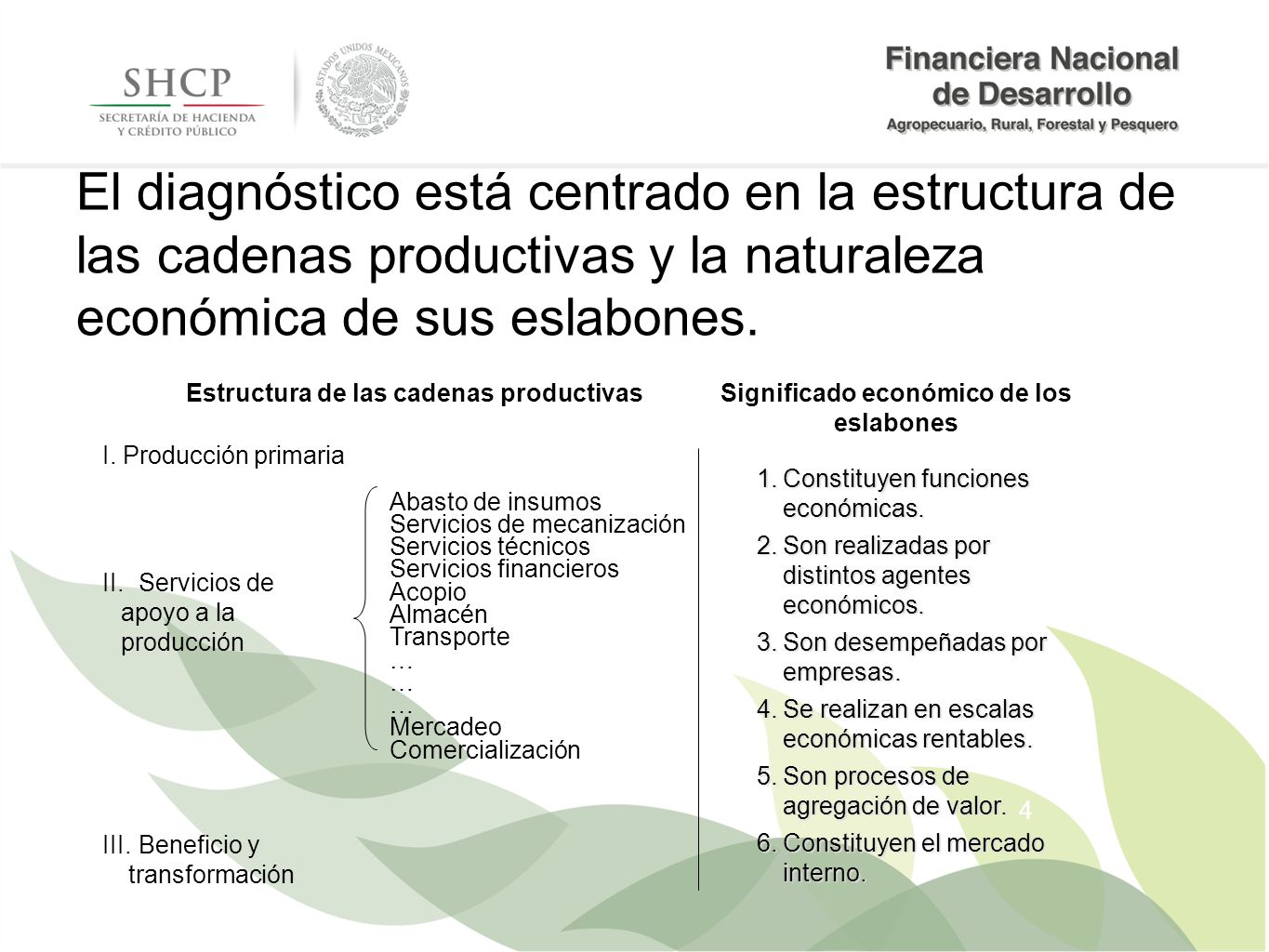 El diagnóstico está centrado en la estructura de las cadenas productivas y la naturaleza económica de sus eslabones.