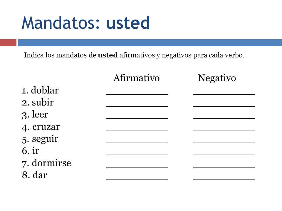 Mandatos: usted Indica los mandatos de usted afirmativos y negativos para cada verbo.