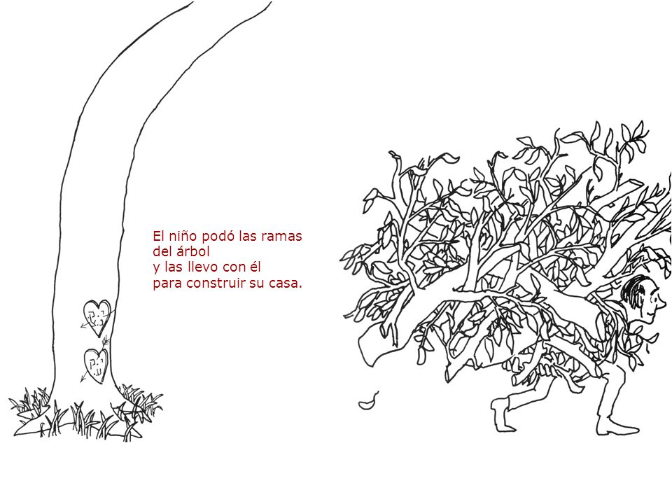 El niño podó las ramas del árbol y las llevo con él para construir su casa.
