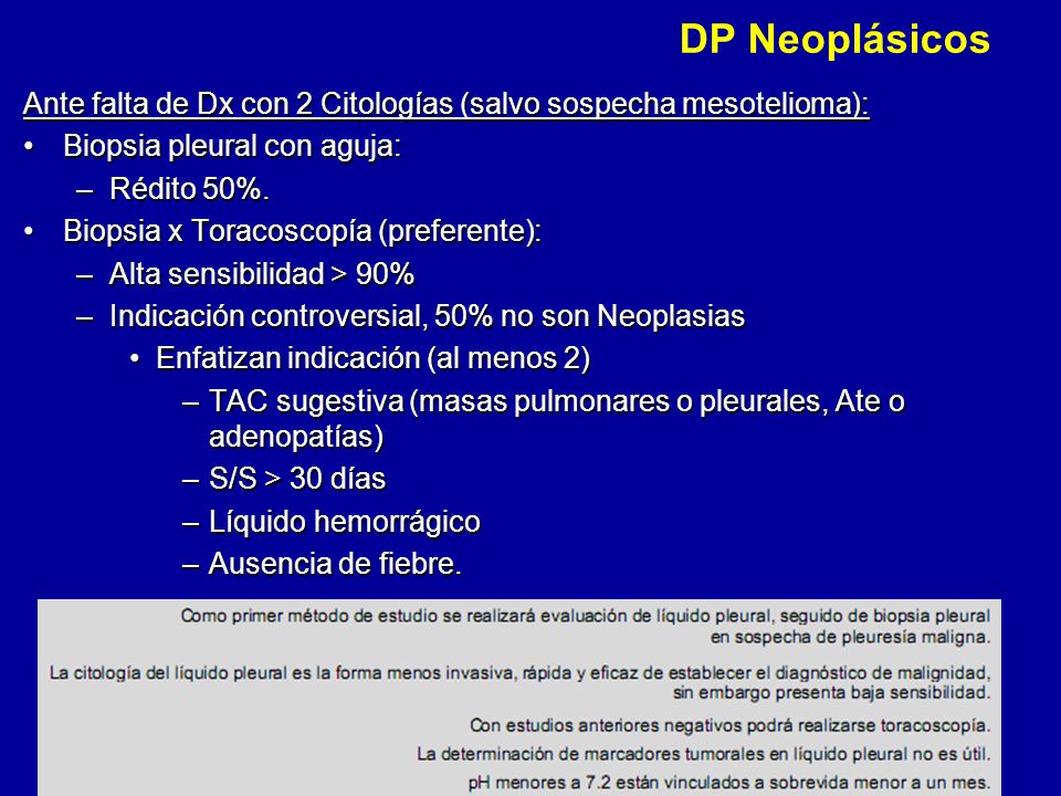 DP Neoplásicos Ante falta de Dx con 2 Citologías (salvo sospecha mesotelioma): Biopsia pleural con aguja: