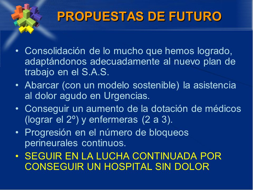 PROPUESTAS DE FUTURO Consolidación de lo mucho que hemos logrado, adaptándonos adecuadamente al nuevo plan de trabajo en el S.A.S.
