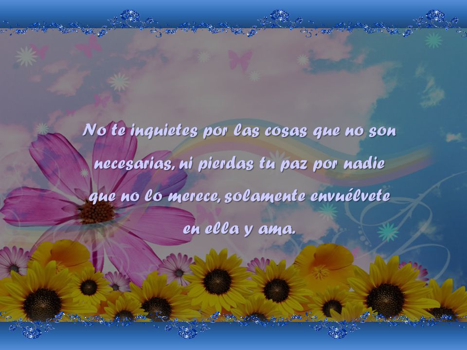No te inquietes por las cosas que no son necesarias, ni pierdas tu paz por nadie que no lo merece, solamente envuélvete en ella y ama.