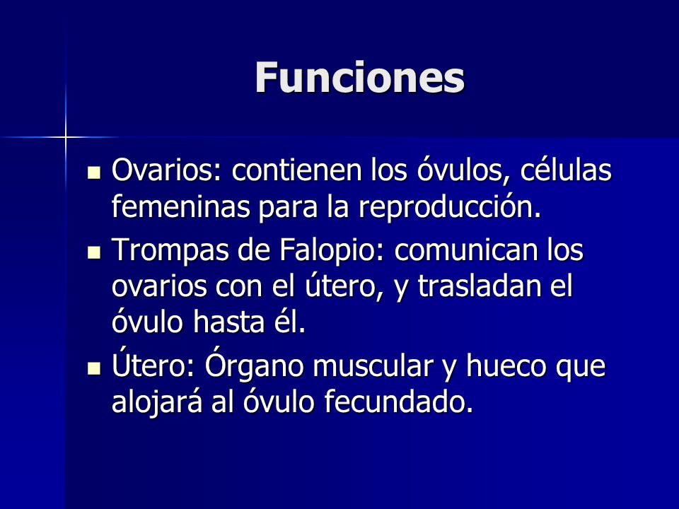 Funciones Ovarios: contienen los óvulos, células femeninas para la reproducción.