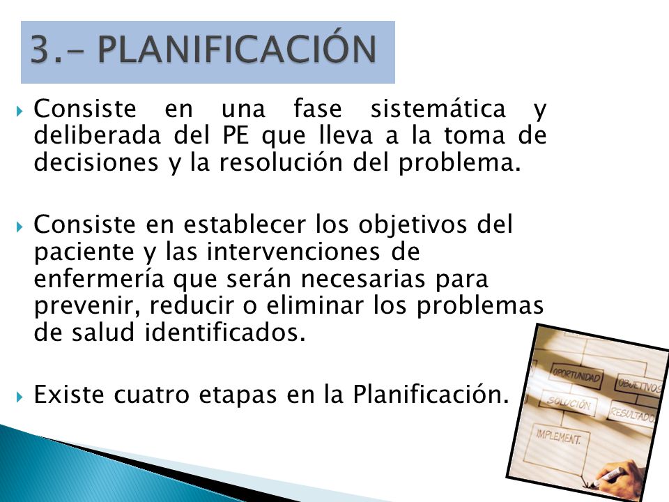 3.- PLANIFICACIÓN Consiste en una fase sistemática y deliberada del PE que lleva a la toma de decisiones y la resolución del problema.