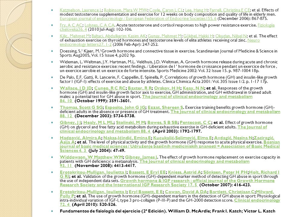 Katznelson, Laurence L; Robinson, Mara W MW; Coyle, Caryn L CL; Lee, Hang H; Farrell, Christina E CE; et al. Effects of modest testosterone supplementation and exercise for 12 weeks on body composition and quality of life in elderly men. European journal of endocrinology / European Federation of Endocrine Societies (December 2006):