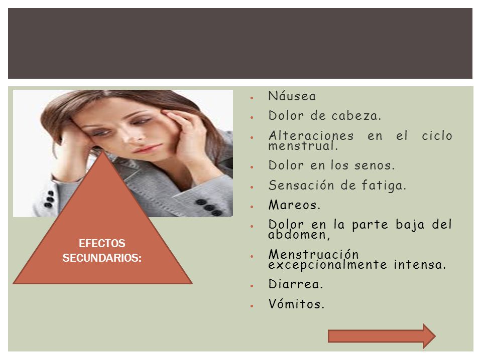 Alteraciones en el ciclo menstrual. Dolor en los senos.