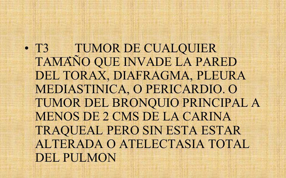 T3 TUMOR DE CUALQUIER TAMAÑO QUE INVADE LA PARED DEL TORAX, DIAFRAGMA, PLEURA MEDIASTINICA, O PERICARDIO.