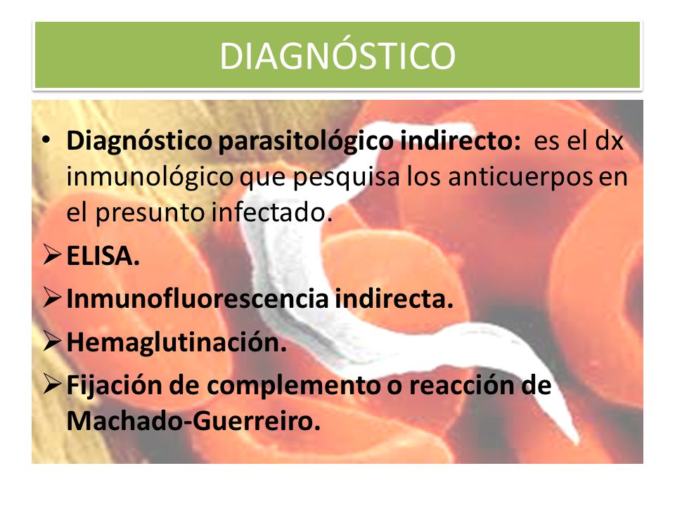 DIAGNÓSTICO Diagnóstico parasitológico indirecto: es el dx inmunológico que pesquisa los anticuerpos en el presunto infectado.