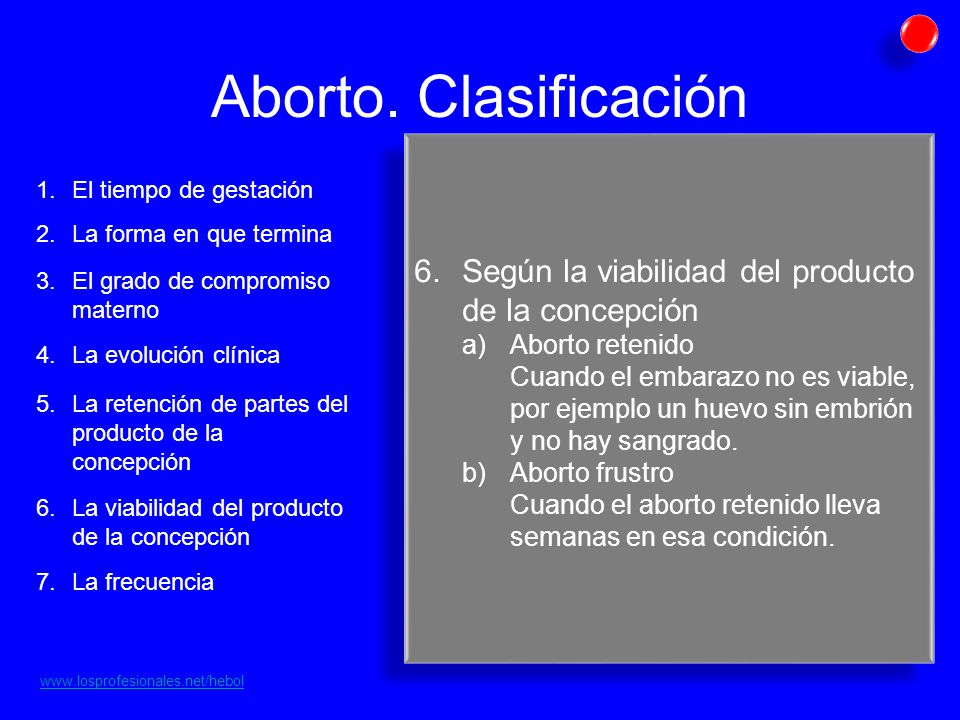 Aborto. Clasificación El tiempo de gestación. La forma en que termina. Según la viabilidad del producto de la concepción.