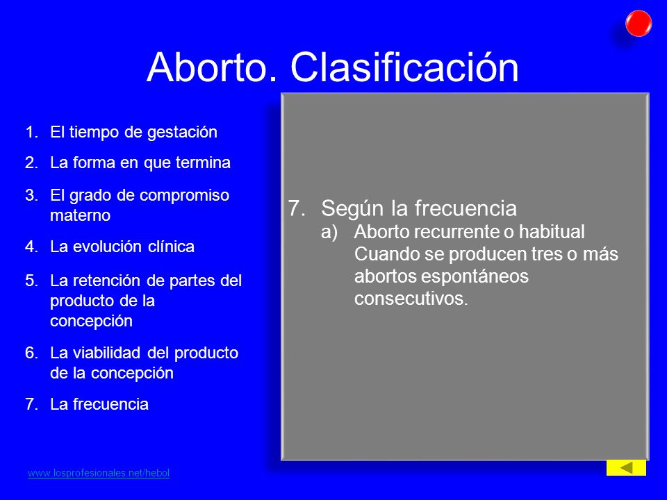 Aborto. Clasificación Según la frecuencia Aborto recurrente o habitual