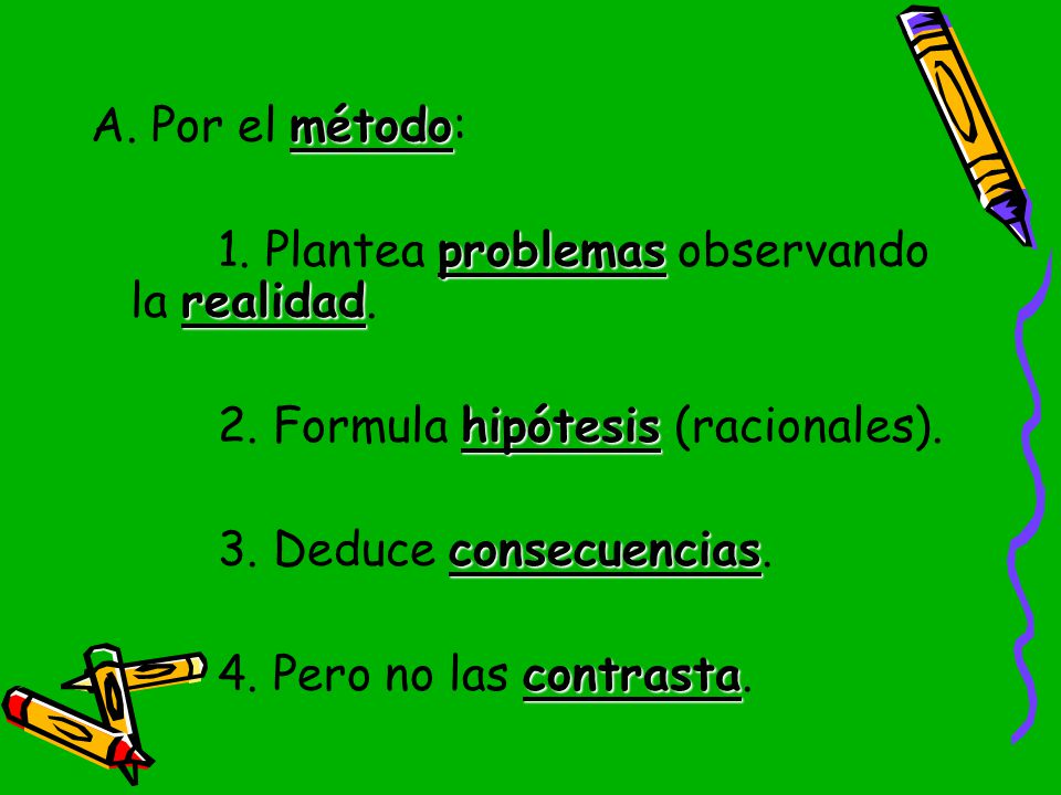 A. Por el método: 1. Plantea problemas observando la realidad. 2. Formula hipótesis (racionales). 3. Deduce consecuencias.