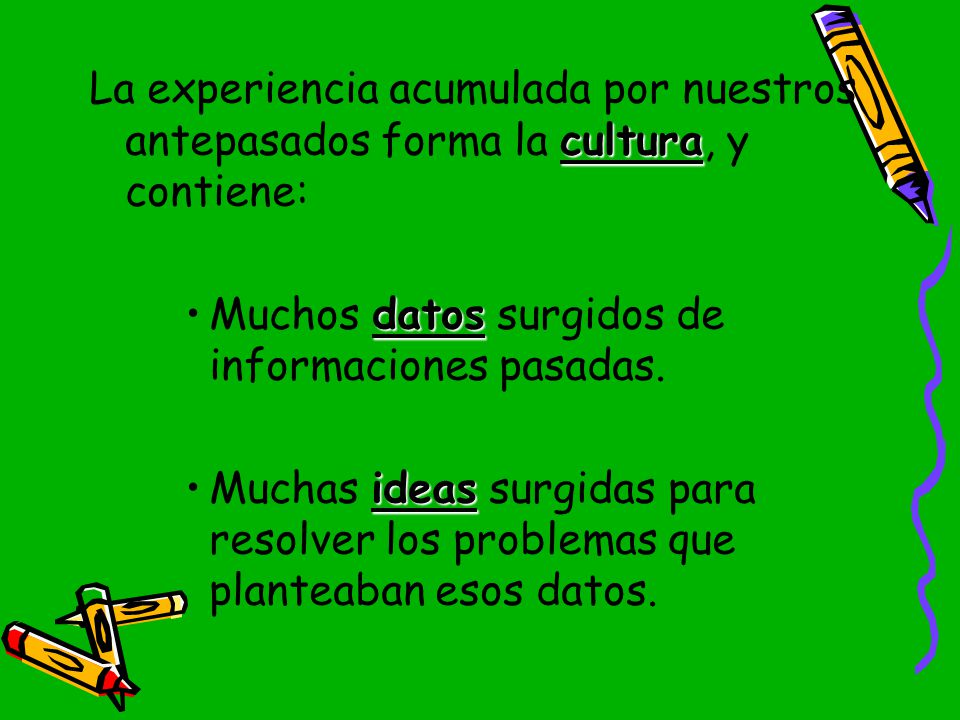 La experiencia acumulada por nuestros antepasados forma la cultura, y contiene: