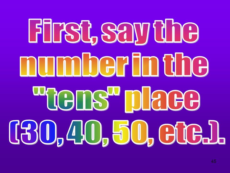 First, say the number in the tens place (30, 40, 50, etc.).
