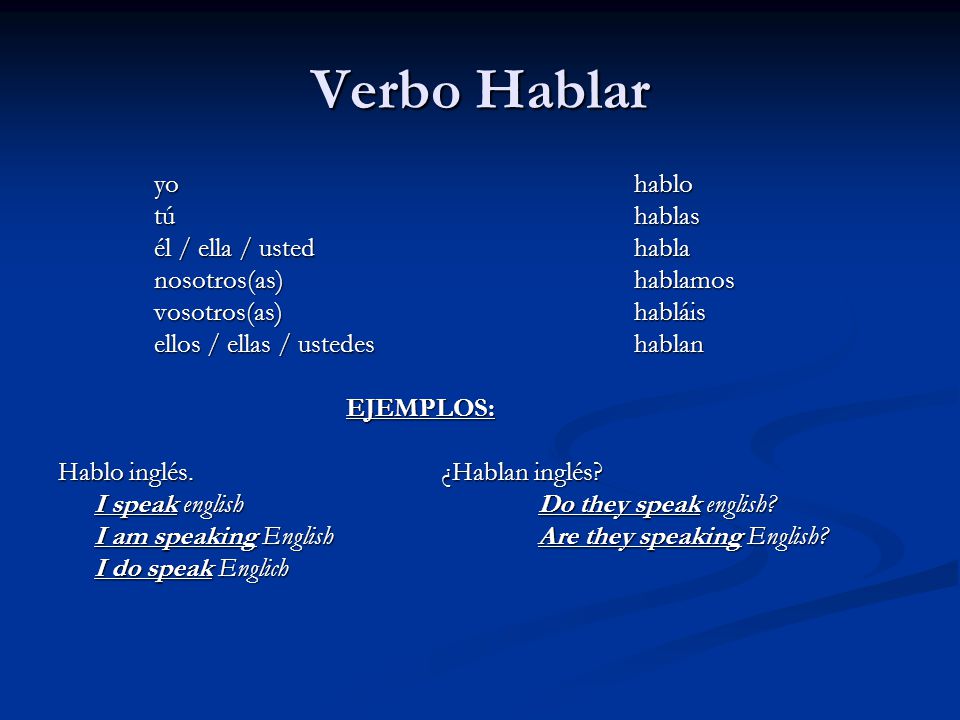 Verbo Hablar yo hablo tú hablas él / ella / usted habla