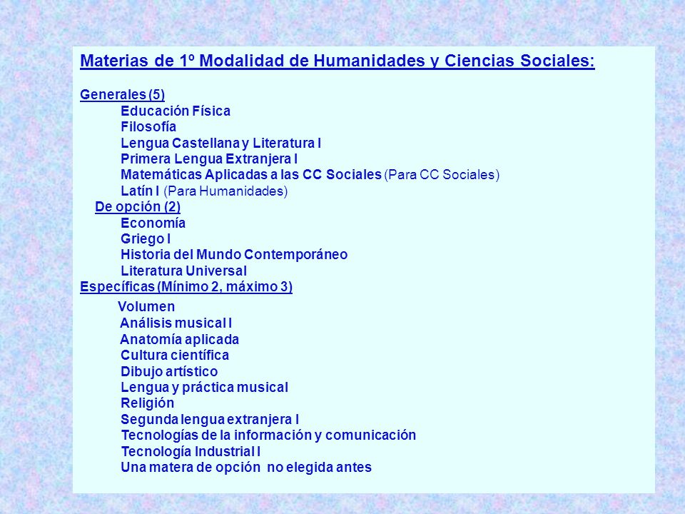 Materias de 1º Modalidad de Humanidades y Ciencias Sociales: