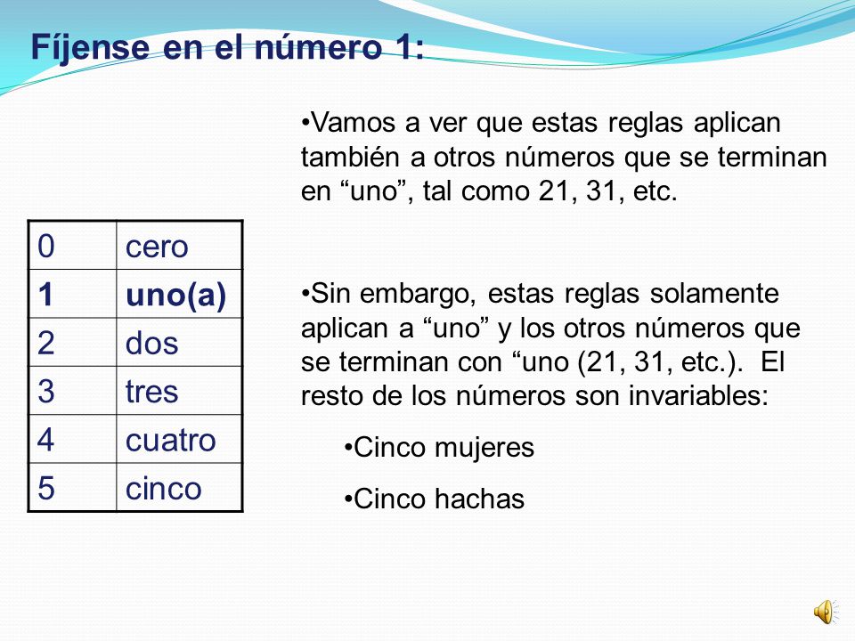 Fíjense en el número 1: cero 1 uno(a) 2 dos 3 tres 4 cuatro 5 cinco