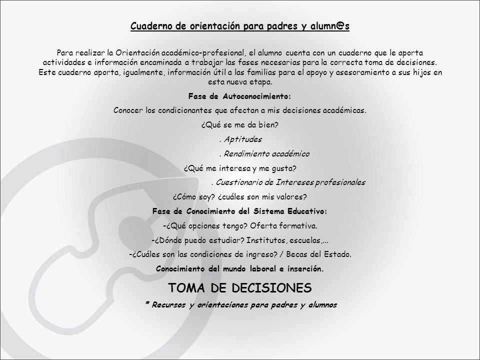 TOMA DE DECISIONES Cuaderno de orientación para padres y
