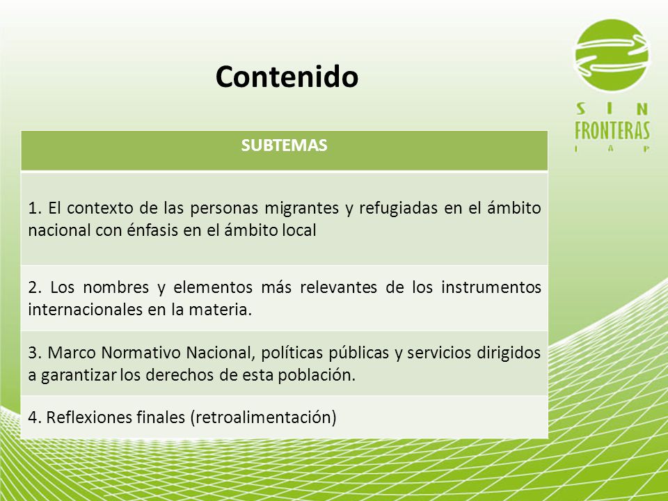 Contenido SUBTEMAS. 1. El contexto de las personas migrantes y refugiadas en el ámbito nacional con énfasis en el ámbito local.