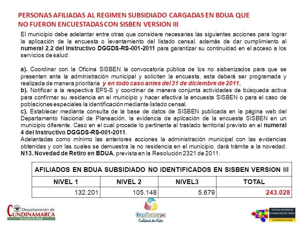 AFILIADOS EN BDUA SUBSIDIADO NO IDENTIFICADOS EN SISBEN VERSION III