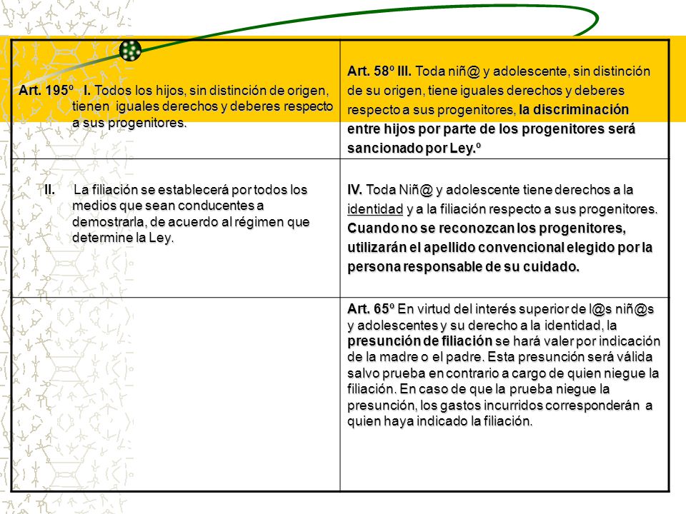 Art. 195º I. Todos los hijos, sin distinción de origen, tienen iguales derechos y deberes respecto a sus progenitores.