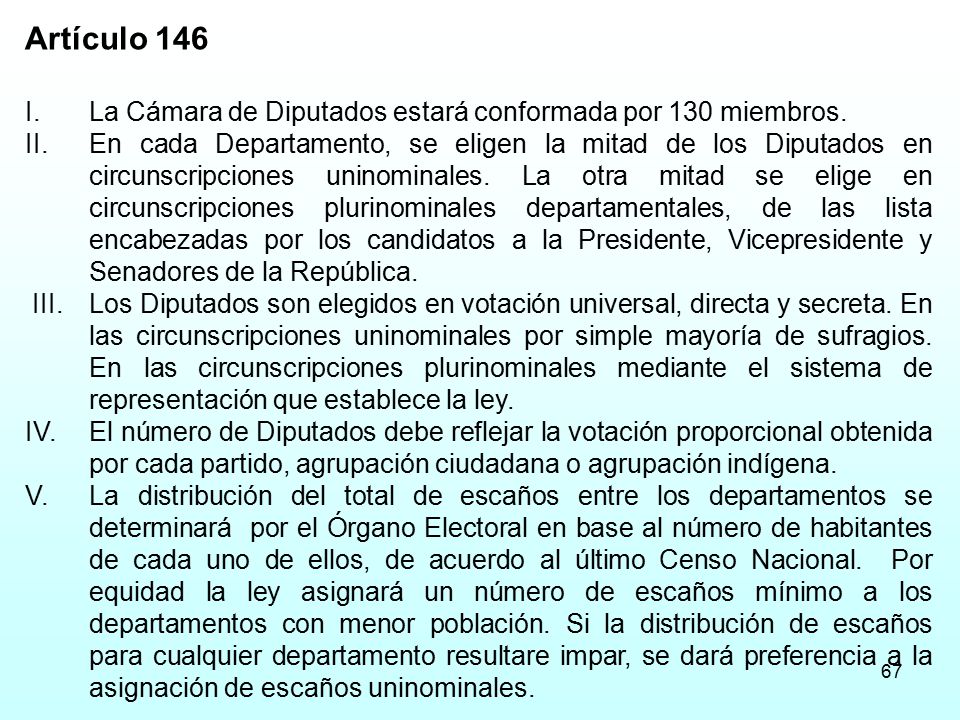 Artículo 146 I. La Cámara de Diputados estará conformada por 130 miembros.