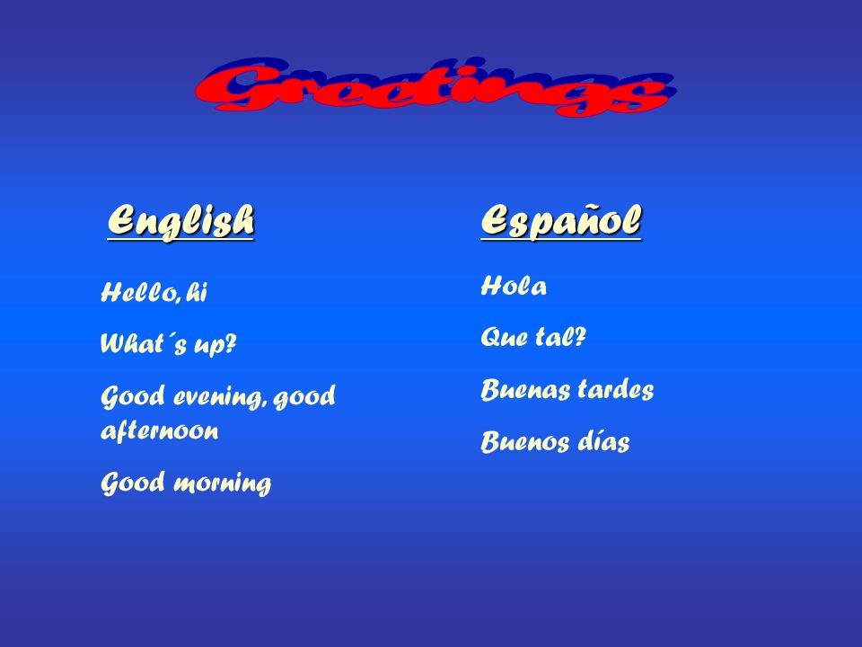 Greetings English Español Hola Hello, hi Que tal What´s up
