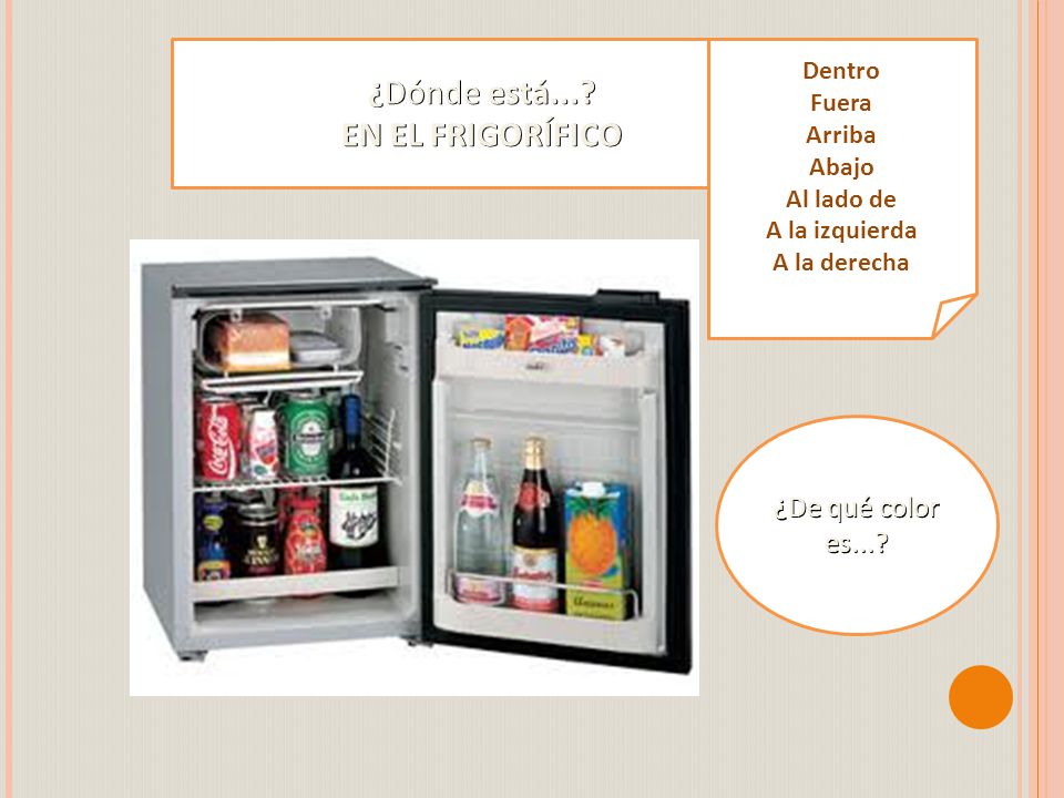 ¿Dónde está... EN EL FRIGORÍFICO ¿De qué color es... Dentro Fuera