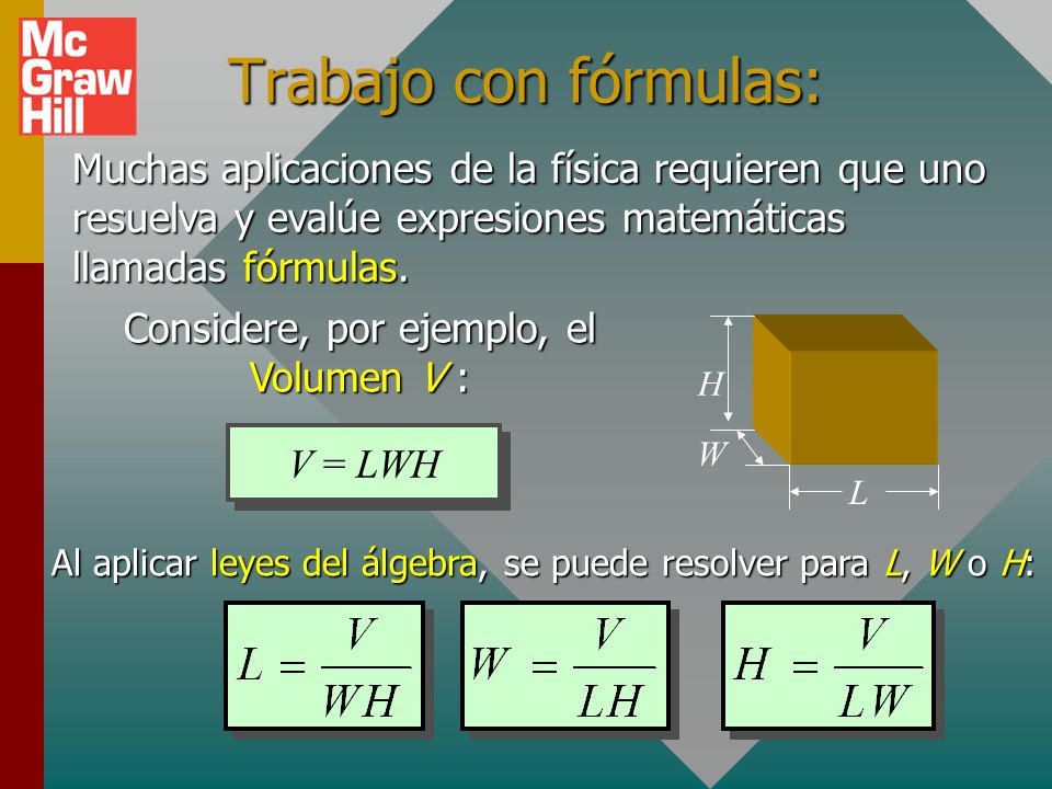 Trabajo con fórmulas: Muchas aplicaciones de la física requieren que uno resuelva y evalúe expresiones matemáticas llamadas fórmulas.