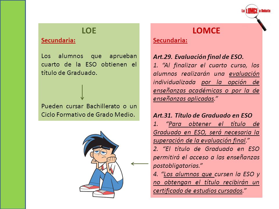 LOE Secundaria: Los alumnos que aprueban cuarto de la ESO obtienen el título de Graduado.
