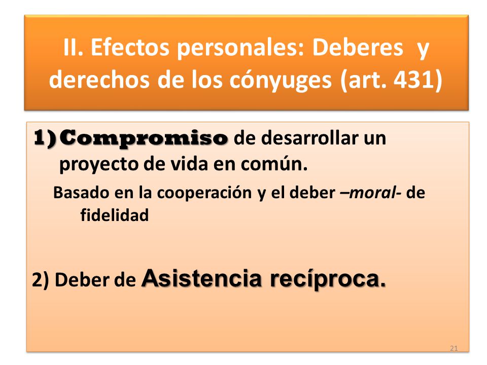 II. Efectos personales: Deberes y derechos de los cónyuges (art. 431)
