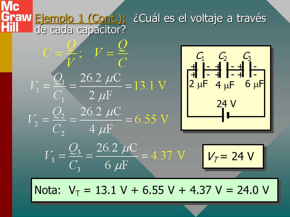 Ejemplo 1 (Cont.): ¿Cuál es el voltaje a través de cada capacitor
