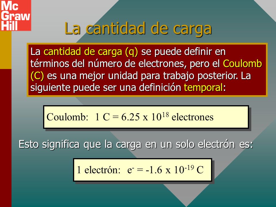 La cantidad de carga Coulomb: 1 C = 6.25 x 1018 electrones