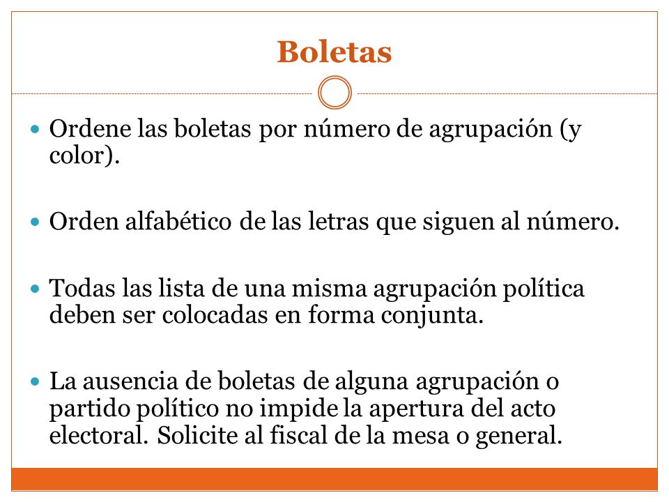 Boletas Ordene las boletas por número de agrupación (y color).