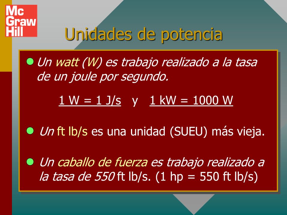 Unidades de potencia Un watt (W) es trabajo realizado a la tasa de un joule por segundo. 1 W = 1 J/s y 1 kW = 1000 W.