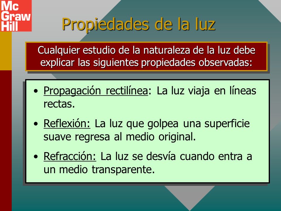 Propiedades de la luz Cualquier estudio de la naturaleza de la luz debe explicar las siguientes propiedades observadas: